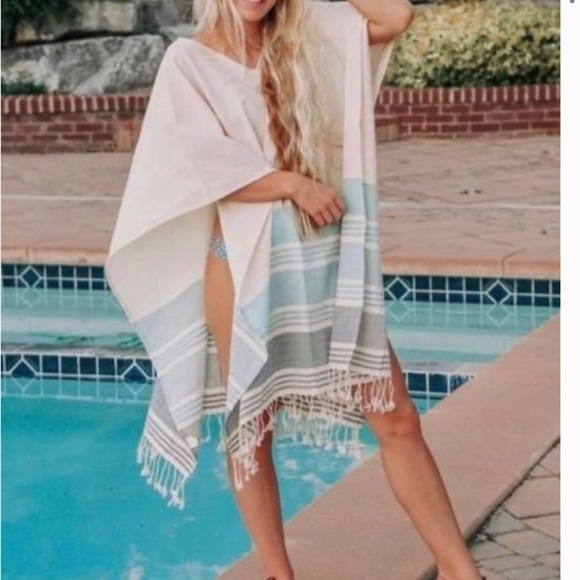 Tribe Alive Womens Size OS Cream & Blue Striped Fringe Poncho Beach Coverup - Picture 3 of 6